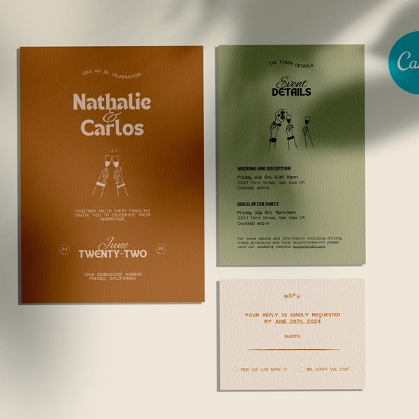 Personalisierbare Illustrations-Hochzeitseinladungsvorlage in Canva. Einfach zu individualisieren. Moderne minimale Ästhetik Gestalten Sie Ihre eigene Hochzeitseinladung