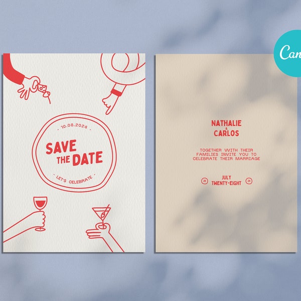 Save the Date Wedding Invitation template in Canva. Easy to custom.  Modern party aesthetic. Unique design. Wedding Invite. Illustration