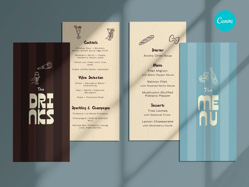 May include: Three menu cards with a dark brown, beige, and light blue background. The dark brown card says "The DRINKS" in white. The beige card lists cocktails, wine, and sparkling options. The light blue card says "The MENU".