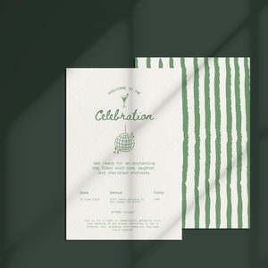 May include: A green and white invitation card with the text "Welcome to the Celebration" and a green illustration of a martini glass and a disco ball. The card also includes the date, venue, and time of the event.