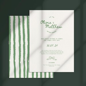 May include: A wedding invitation with a green and white striped pattern on the left side and a white card with green text on the right side. The text reads "We are Olivia & Matthew getting married and were thrilled to share the magic with you! 30.07.24 We cordially invite you to join them in celebrating their love and commitment as they say "I do" in a ceremony filled with joy, laughter, and unforgettable moments. At 5:30PM The Thursday Club, San Diego, California."