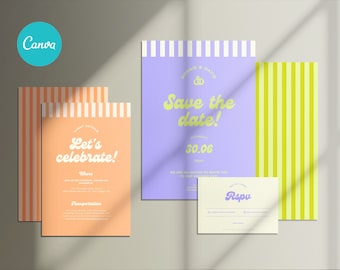 Retro custom Wedding Invitation template in Canva. Easy to customise. Colorful invitation. Modern luxury aesthetic. Design your own cards.