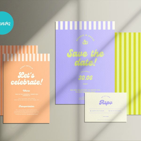 Retro custom Wedding Invitation template in Canva. Easy to customise. Colorful invitation. Modern luxury aesthetic. Design your own cards.