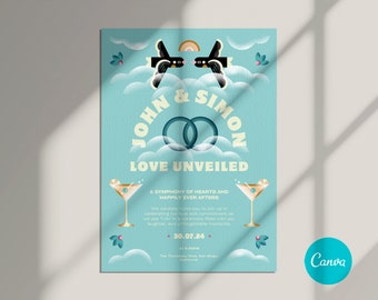 Art Deco Illustration Wedding Invitation template in Canva. Full editable. Easy to custom.  Bold fonts. Design your Wedding Invite. Floral