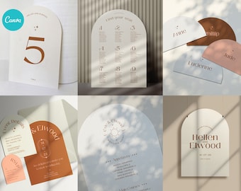 Minimalist Wedding Invitation Template Bundle: Arch Seating Plan, Menu (Canva)