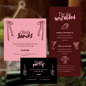 Une suite d'invitations de mariage fantaisiste avec des illustrations dessinées à la main et une typographie audacieuse. Invitation, détails et carte RSVP. Couples modernes et élégants