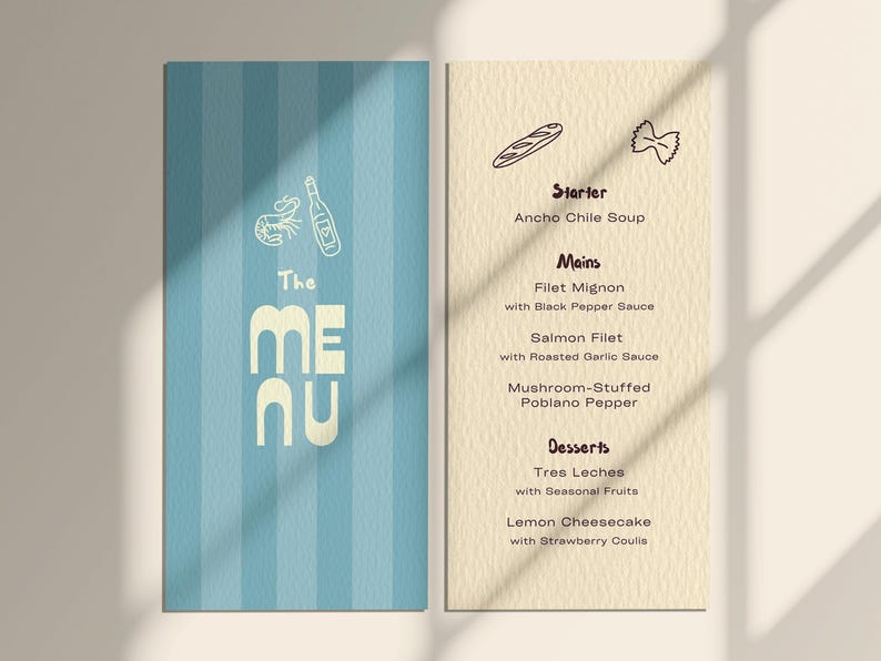 May include: A menu with a light blue striped cover and a beige interior. The cover has the words "The MENU" in a bold, off-white font, with illustrations of a bottle, shrimp, and a bottle. The interior lists starters, mains, and desserts.