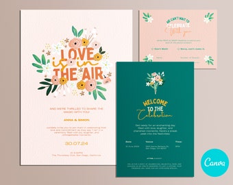 Flowers Illustration Wedding Invitation template in Canva. Easy to custom.  Modern minimal colorful aesthetic. Design your Wedding Invite.