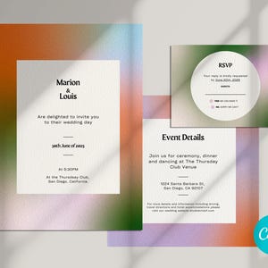 De klantgerichte elegante sjabloon van de uitnodiging van het huwelijk met gradiënt Elegante op canva - gemakkelijk te personaliseren voor een luxeprint. Sjabloon #WeddingInvites