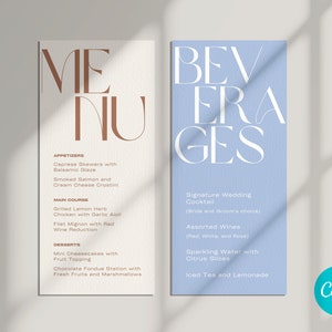 Plantilla colorida para menú de bodas y menú de bebidas en Canva. Fácil de personalizar. Estética de lujo moderna. Diseña tus tarjetas. Fuentes grandes.