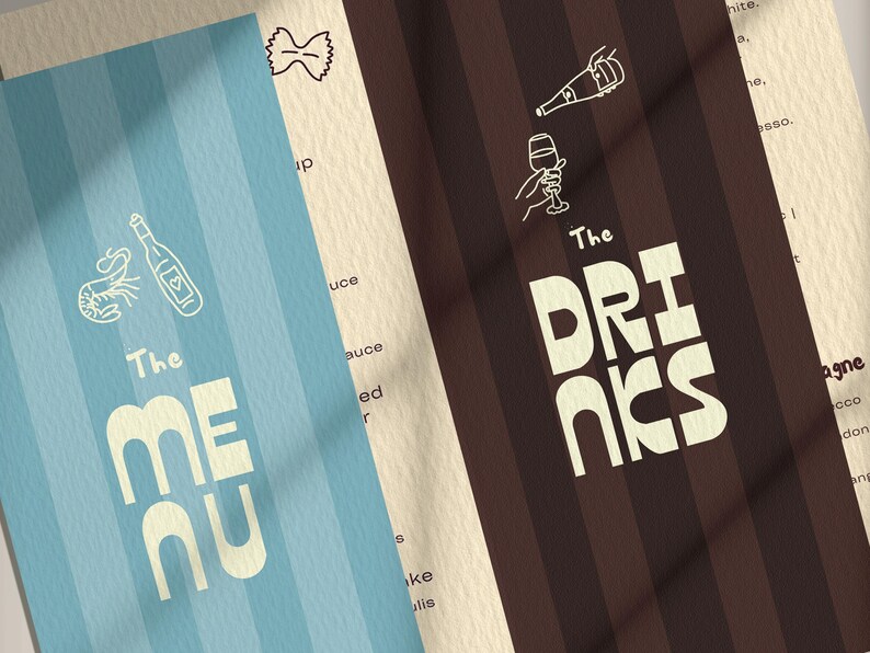 May include: Two menu cards with vertical stripes. One is light blue with "The MENU" in large white letters, and the other is brown with "The DRINKS" in large white letters. Both cards have food and drink illustrations.