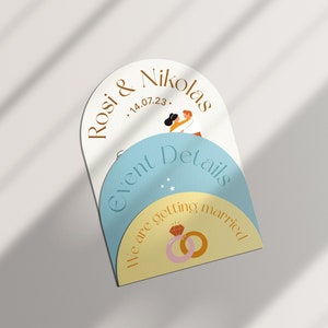 Invito a nozze con illustrazione personalizzabile per creativi e studi di design. Forma ad arco minima. Facile da personalizzare. Estetica moderna e di lusso