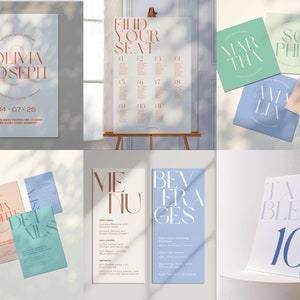 Op de afbeelding: Een huwelijksuitnodigingsset met een modern ontwerp. De uitnodiging bevat de namen Olivia en Joseph in een vetgedrukt, sans-serif lettertype. De zitplaatskaart toont een eenvoudig raster met tafelnummers en gastnamen. De menukaarten zijn in een lichtblauw en roze kleurenschema en bevatten de woorden "Menu" en "Dranken". De tafelnummerkaart is in een lichtblauw kleurenschema en bevat het nummer 10.