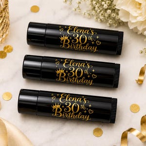 Birthday Party Favors, Custom Lip Balm, Sweet 16, Bulk Chapstick, Black and Gold Party Favor, Personalized Chapstick, 21st Birthday Idea's