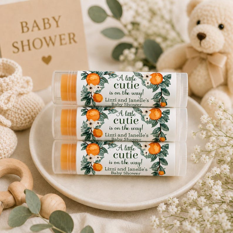 Little Cutie Baby Shower Lip Balm Favors – Personalized Orange Baby Shower Favors – Citrus Party Chapstick image 2