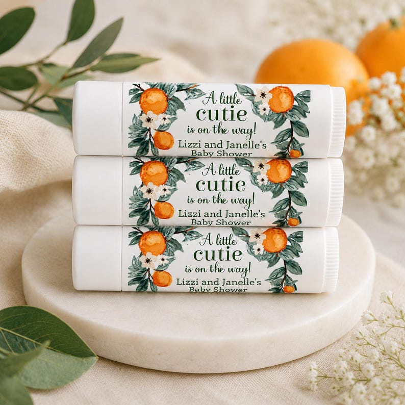 Little Cutie Baby Shower Lip Balm Favors – Personalized Orange Baby Shower Favors – Citrus Party Chapstick image 1
