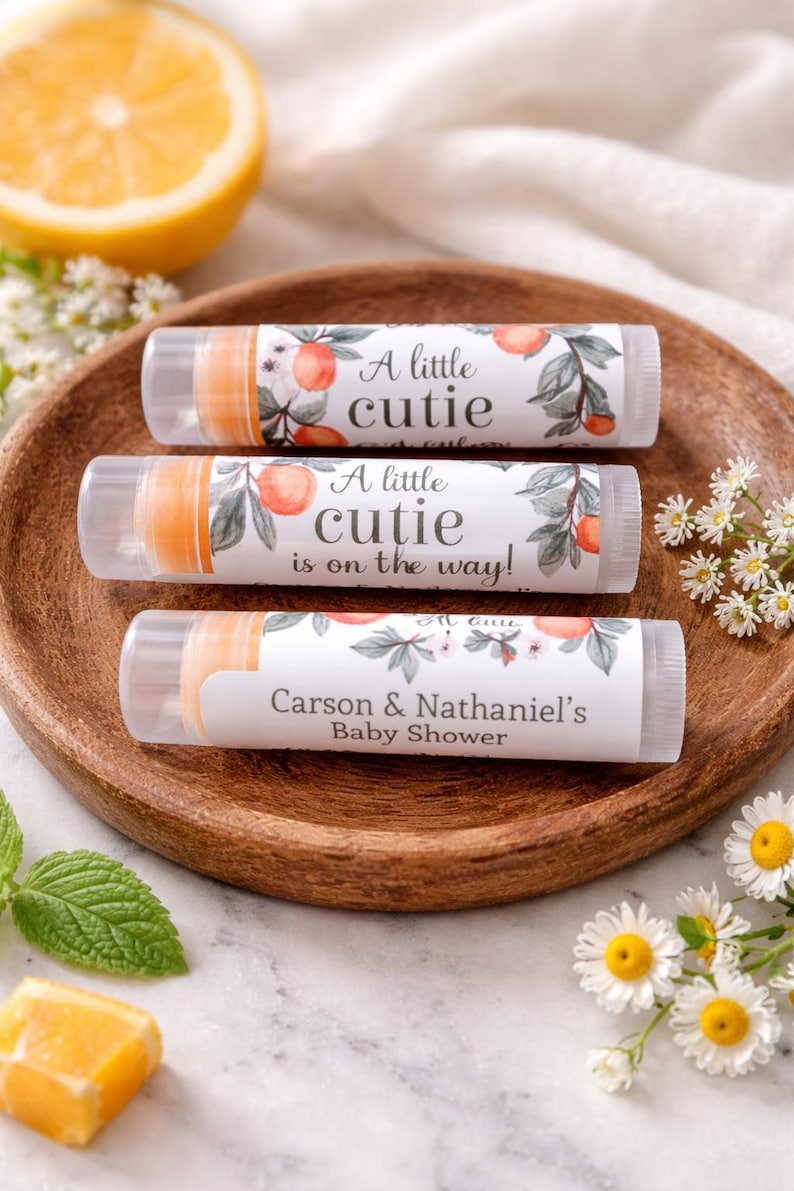 Little Cutie Baby Shower Lip Balm Favors – Personalized Orange Baby Shower Favors – Citrus Party Chapstick image 3