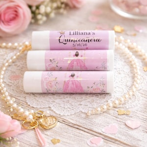 Personalized Quinceañera Lip Balm Favors – Custom Chapstick Party Favors – Sweet 15 Birthday Keepsake – Pink Princess Theme