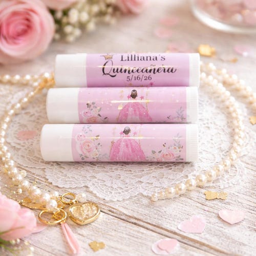 Personalized Quinceañera Lip Balm Favors – Custom Chapstick Party Favors – Sweet 15 Birthday Keepsake – Pink Princess Theme