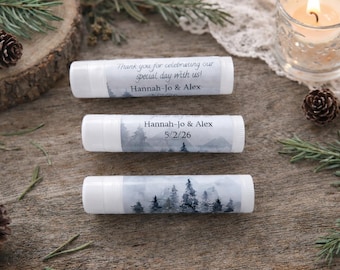 Mountain Wedding Favors Lip Balm – Personalized Chapstick Favors with Names & Date – Rustic Forest Theme Bridal Shower or Baby Shower