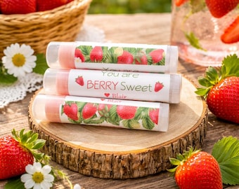 Personalized Lip Balm Party Favors – Strawberry Chapstick Favors – Custom Birthday, Baby Shower, Valentine Classroom Gifts