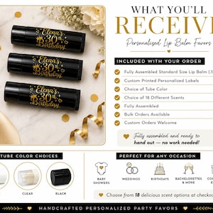 May include: Three black lip balm tubes with gold text that reads "Elena's 30th Birthday." The image includes gold confetti, ribbons, and text that says "What You'll Receive" and "Personalized Lip Balm Favors."