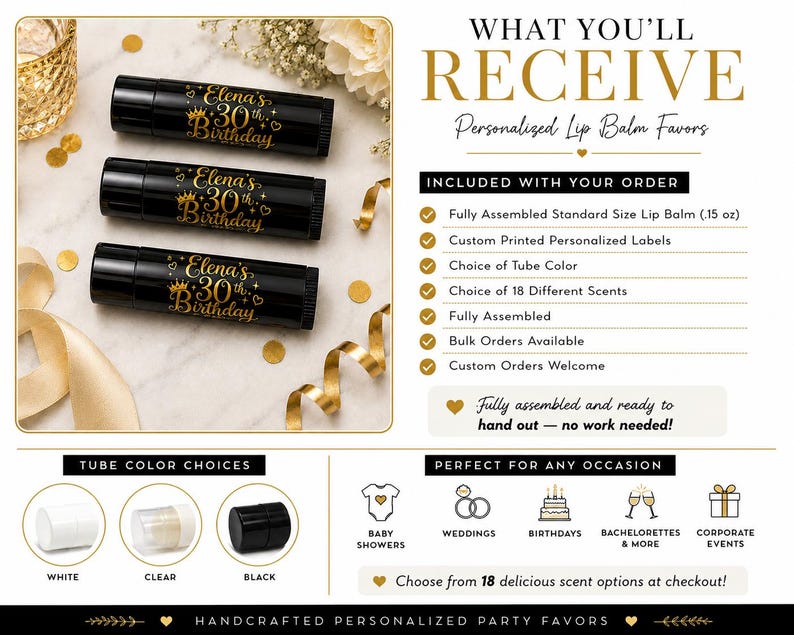May include: Three black lip balm tubes with gold text that reads "Elena's 30th Birthday." The image includes gold confetti, ribbons, and text that says "What You'll Receive" and "Personalized Lip Balm Favors."