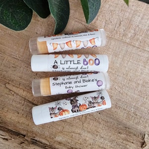 Halloween Baby Shower Favors, A Little Boo is Almost Due, Personalized Lip Balm, Custom Baby Shower Favor, Fall Sprinkle, Bulk Chapstick