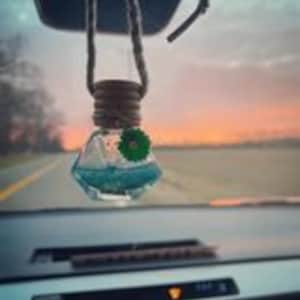May include: A blue and green car air freshener hanging from a rearview mirror. The air freshener is in a clear, diamond-shaped bottle with a wooden cap and a string.