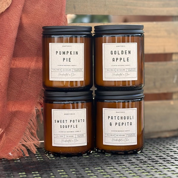 Hand Poured Beeswax Candle | 7oz Amber Glass Jar | Scented and Infused with Coconut Oil