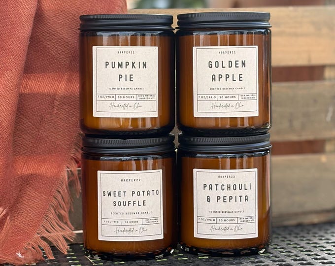 Hand Poured Beeswax Candle | 7oz Amber Glass Jar | Scented and Infused with Coconut Oil