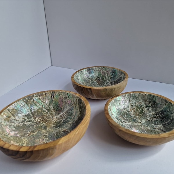 Teak Wood Bowls inlaid with Crushed Abalone Shells - 3 Sizes available