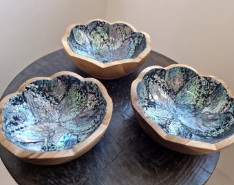 Teak Wood Bowls inlaid with Crushed Abalone Shells | Flower shaped Bowls | 3 Sizes available | Handmade