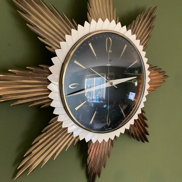 Rare Metamec Mid Century Retro Sunray / Sunburst Mains Electric Wall Clock - Black Dial - Model No 866