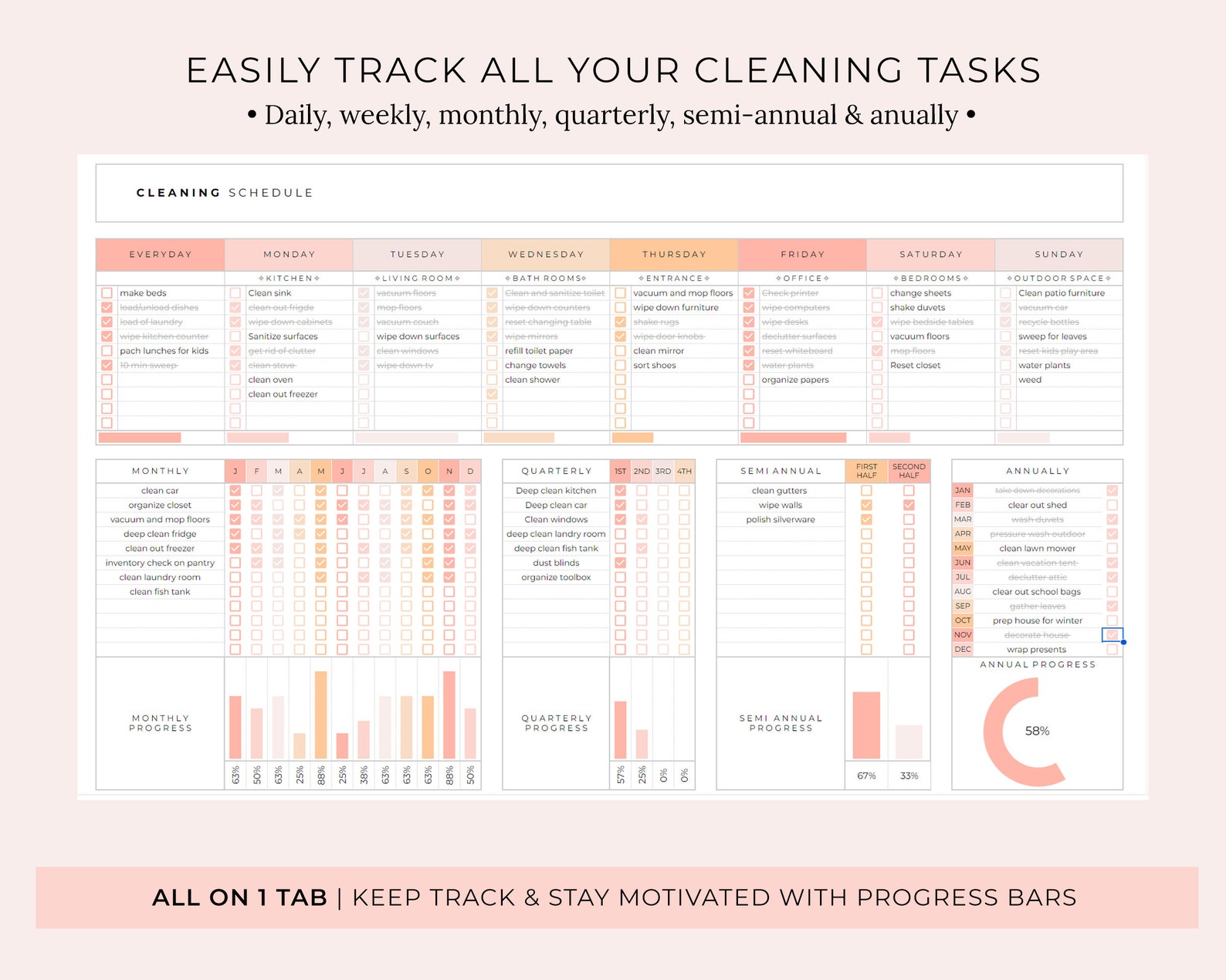 Cleaning Schedule Spreadsheet, Cleaning Checklist, Cleaning Tracker