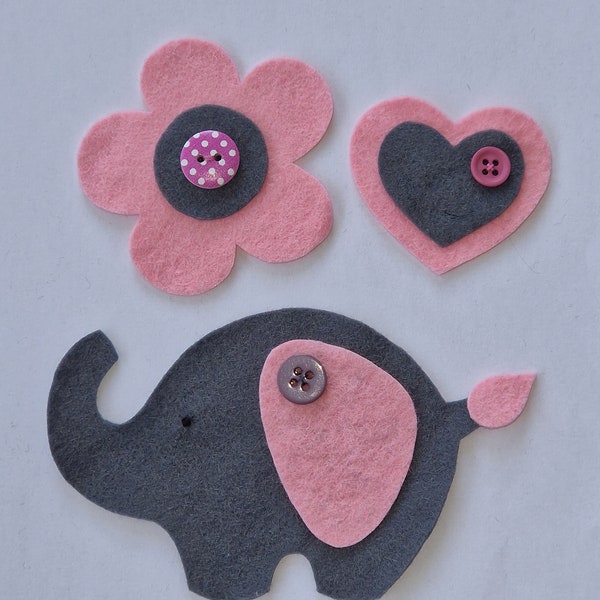 Pack Of 3 Handmade Felt Embellishments For Sewing Crafts, Felt Embellishments, Felt Elephant, Felt Flower, Felt Hearts, Felt Animals.