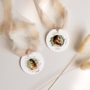 Étiquettes photo perforées à personnaliser - Baptême, baby shower, Welcome baby, anniversaire, communion - 4,5cm- Étiquettes en Papier