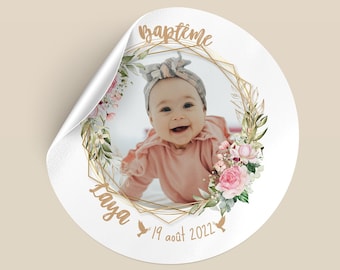 Adhesive labels to personalize - Baptism theme, baby shower, Welcome baby with photo