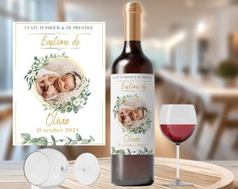 Lot étiquettes Vin Baptême Personnalisées avec photo - Étiquette chic pour Bouteille, Bouteille de Vin- étiquette adhésive