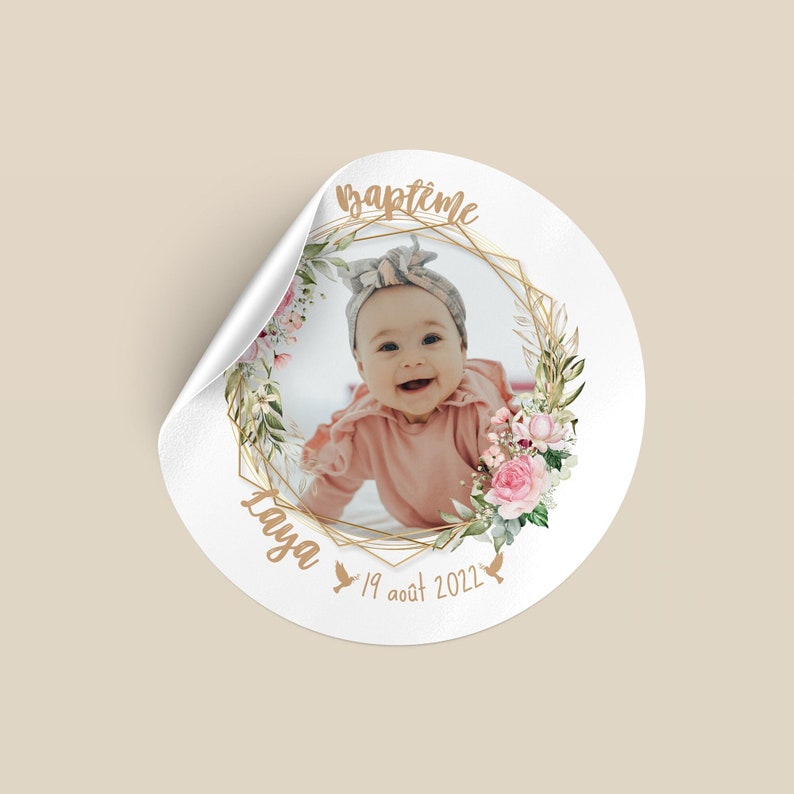 Adhesive labels to personalize Baptism theme, baby shower, Welcome baby with photo image 1