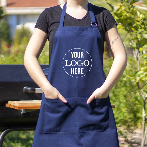 Custom Apron, Personalized Logo Apron, Restaurant Apron, Chef Apron, Navy Blue Apron, Apron With Pockets, Custom BBQ Apron, Barista Apron