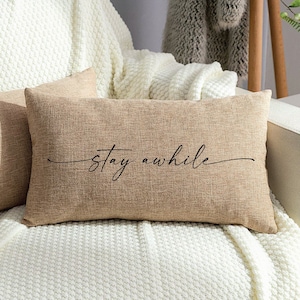 Stay Awhile Pillow, Custom Burlap Pillow, Stay A While Burlap Pillow, Personalized Burlap Pillow, Sunbrella Pillow, Porch Pillow Cover