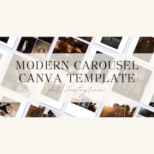 Könnte beinhalten: Ein Mockup einer modernen Instagram-Karussellvorlage für Canva. Die Vorlage zeigt ein Raster aus weißen Quadraten mit Bildern eines Paares in verschiedenen Posen. Der Text "MODERN CAROUSEL CANVA TEMPLATE for Instagram" wird in brauner Schrift angezeigt.