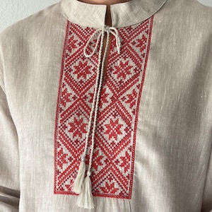 Men's XL Natural Linen Embroidered Shirt, Red Folklore Ethnic Pattern