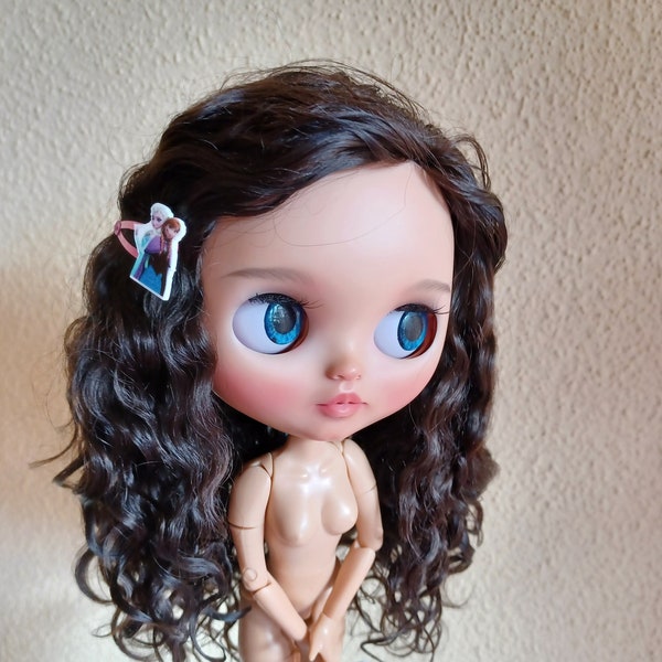 F326 Natural curly  silky color dark brown  hair angora  Blythe scalp TBL and RBL Blythe doll wig Reroot scalp