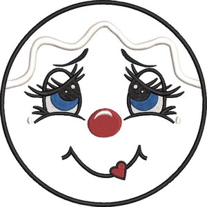 May include: A whimsical, embroidered face with a white background and a black outline. The face features blue eyes with long lashes, a red nose, a smiling mouth with a heart, and white wavy hair.