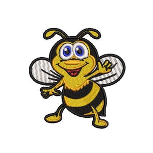 May include: A cartoon bee with a yellow body, black stripes, and large blue eyes. The bee is smiling and has its wings spread out.