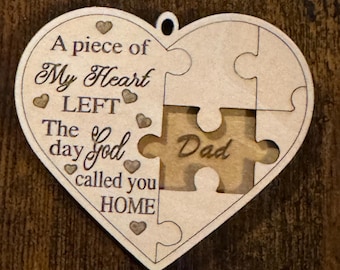 Personalized heart shaped memorial puzzle ornament that is laser engraved with your loved ones name.