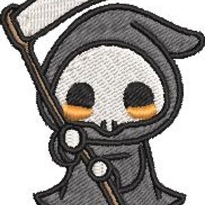 May include: A cartoon illustration of the Grim Reaper with a scythe. The Reaper is wearing a black hooded robe and has a skull face with large, yellow eyes.