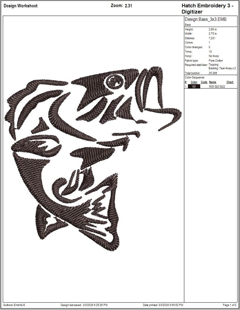 Bass Embroidery Design Size(s): 2x2
